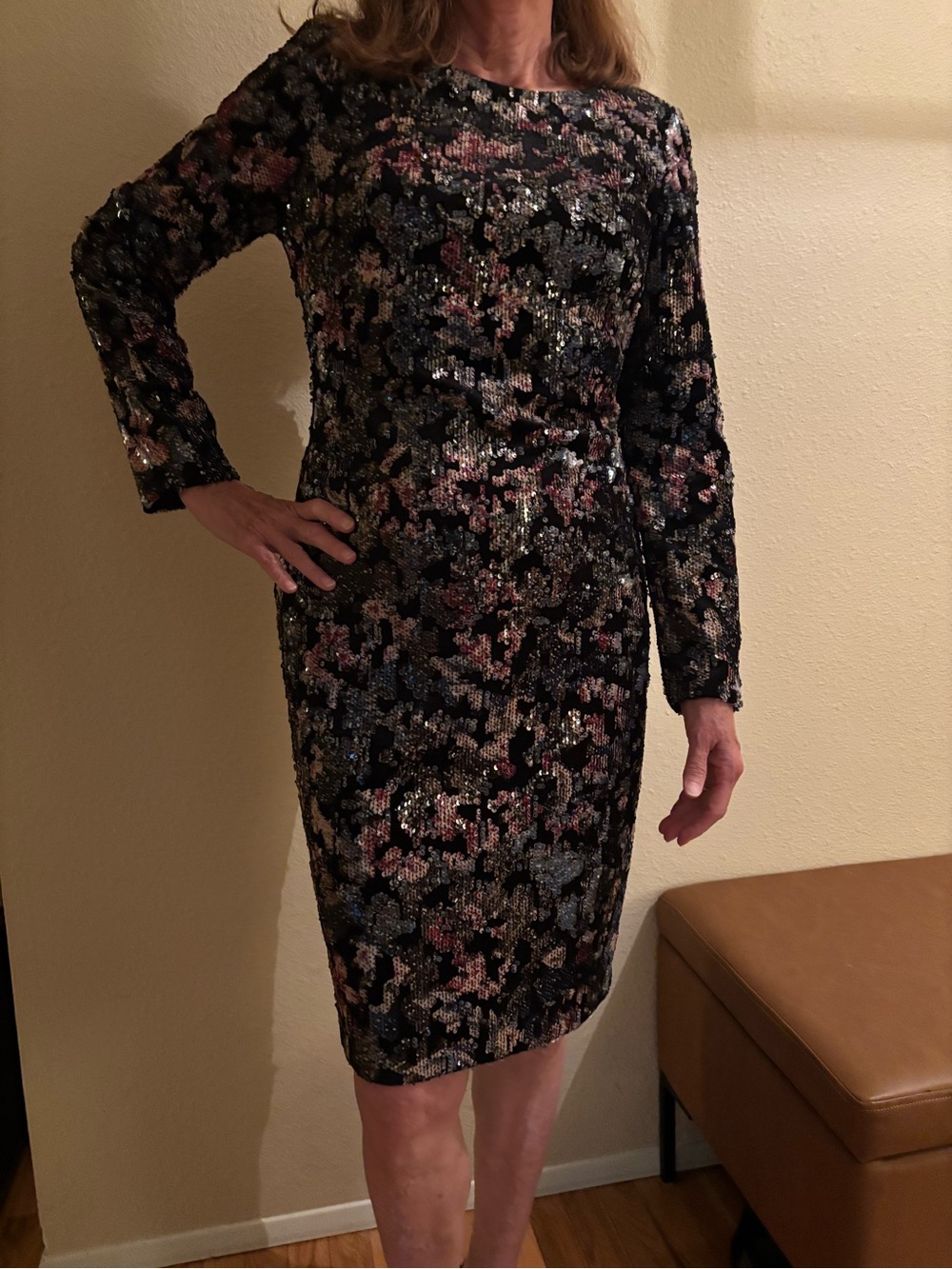 Badgley Mischka Black Sequin Long Sleeve Sheath Dress with Pink and Blue Accents